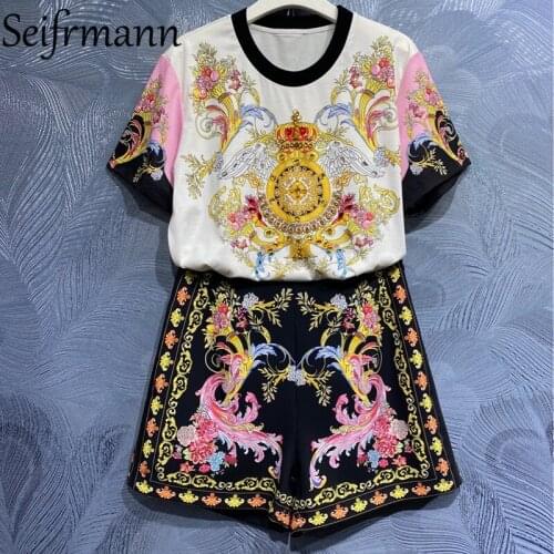 Seifrmann New 2021 Summer Women Fashion Runway Shorts Set Gorgeous Crystal Loose T-Shirts + High Waist Floral Print Shorts Suits