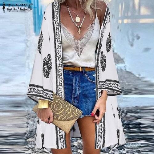 Summer Bohemian Beach Cardigan ZANZEA Women Vintage Floral Printed Blouse Casual Loose Holiday Tops Shirt Long Sleeve Kimono