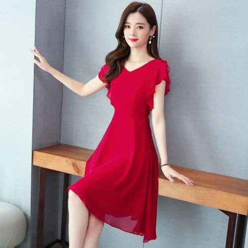 Korean style summer Womens Chiffon V Neck Solid color Dress Casual Petal sleeve Dress Female A Line Party