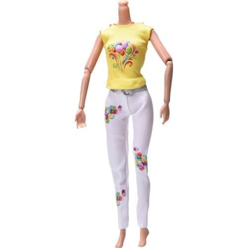 1 Set= Yellow Tank+ White fashion Pant Suits For Barbie Summer Flower Print Dolls Clothing For Girls Toy Gifts high quality