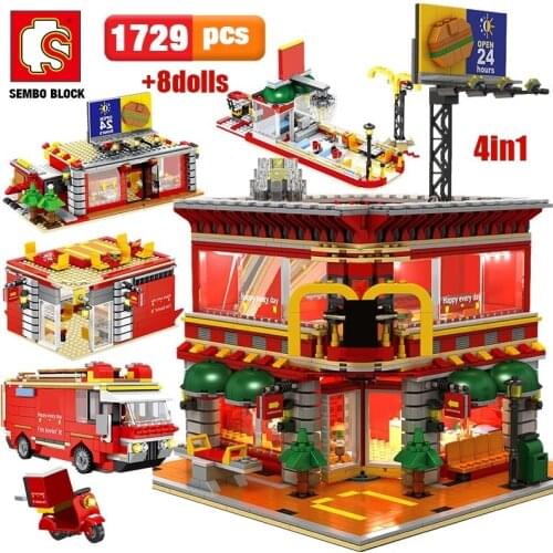 SEMBO 1729pcs City Street View 4 In 1 LED Restaurant Architecture House Car Truck Model Building Blocks Toys For Kid