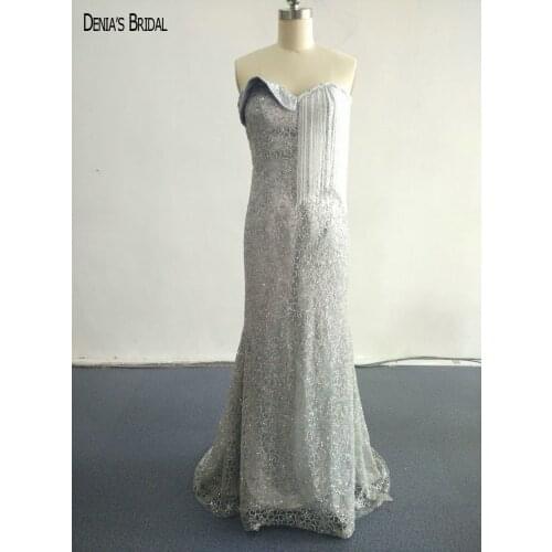 2017 Mermaid Denia Sliver Shiny Evening Dresses Sweetheart Neckline Beading Tassels Sleeveless Party Prom Gowns
