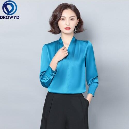 2021 Silk Satin Shirt Women Elegant Fashion Silk Blouse Office Lady Solid 6 Colors V-neck Plus Size Loose Professional Tops 3XL