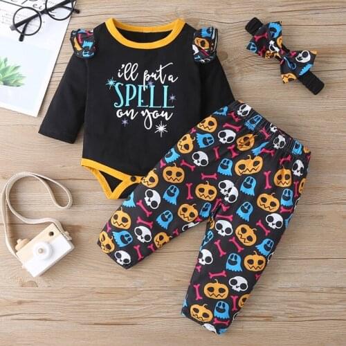 New Baby Girl Boy Christmas Outfit 3pcs Flying Long Sleeve Letter Romper+pumpkin Ghost Trousers+bow Headband Baby Clothes 3-18M