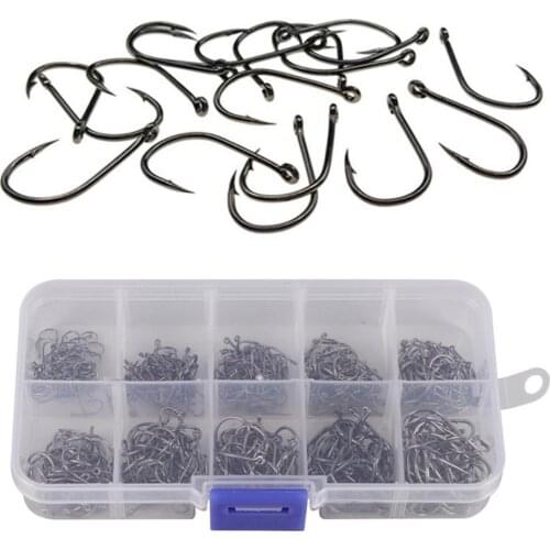 500PCS Carbon Steel Fish Jig Hooks with Hole Carp Fishing Hook with Tackle Box 10 Sizes 3# -12