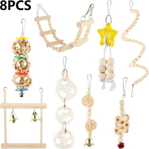 8 Pack Bird Cage Toys for Parrots Reliable & Chewable - Swing Hanging Chewing Bite Bridge Wooden Beads Ball Bell Toys