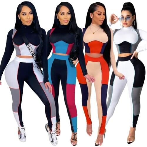 Adogirl Women Patchwork Tracksuits Sportswear Long Sleeve Crop Top And Leggings Ladies Sweat Suit Streetwear Matching Sets Plus
