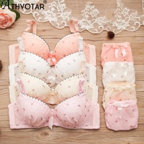 Kawaii Push Up Bra Sets Girl Cute Bow Floral Bra Summer Dot Small Fresh Comfortable Underwear 2020