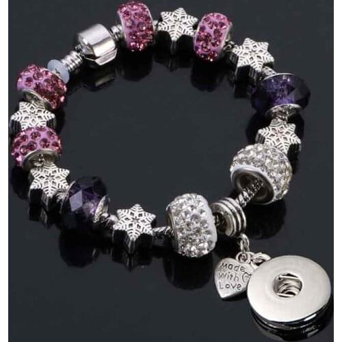 Fashion Snowflak Strand Crystal Bead Glass Link Bracelet 183 18mm Snap Button Charm Bangle Jewelry For Women Teenagers Gift 20cm