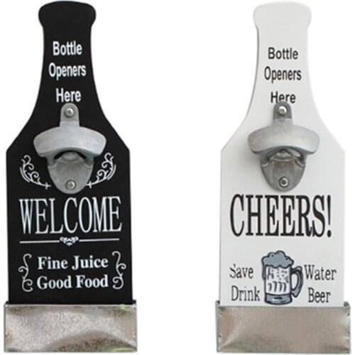 Bottle shaped Opener Vintage Rustic Wood Iron Metal Wall Hanging Mounted Bottle Opener Cap Catch Catcher Home Bar Decoration