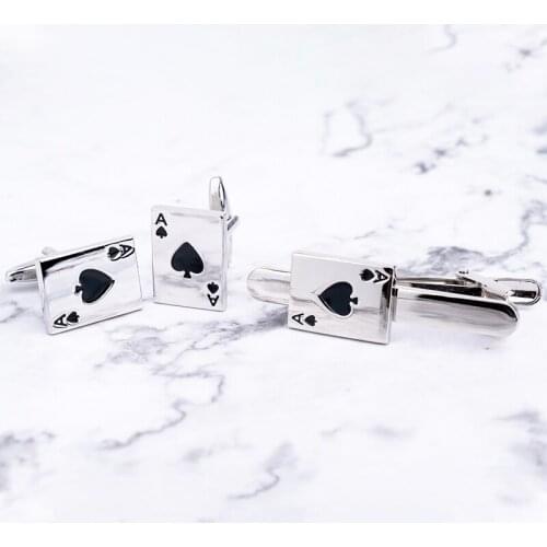 Luxury Mens Gamble Casino Series Cufflinks and Tie Clips Set Spade Poker Design Fashion Jewelry Business Gifts Wholesale Retail