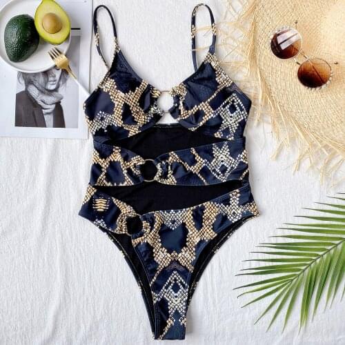 Sexy Swimwear Women Hollow Out Backless One Piece Swimsuit 2021 Snake Print Push Up Strap Bathing Suit Bodysuit Monokini