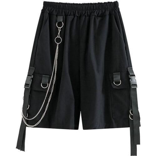 Shorts Women Side-pocket Solid Chain Elastic Waist Loose Plus Size Summer 2021 Harajuku Women Shorts Streetwear Hip Hop