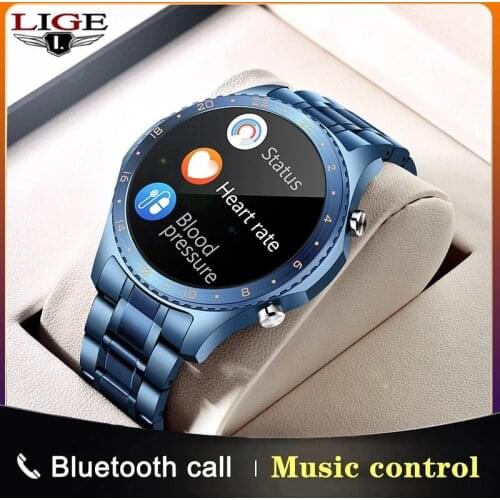 LIGE Bluetooth Answer Call Smart Watch Men Full Touch Dial Call Fitness Tracker IP67 Waterproof 4G ROM Smartwatch Steel Band+Box