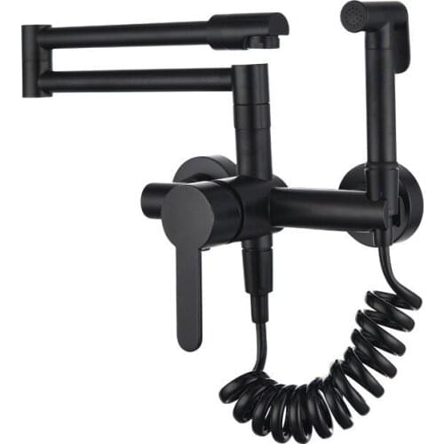 Kitchen Faucet Brass Sink Mixer Tap Black/Chrome/Nickel Hot & Cold Wall Mounted With Spray Gun Rotation Foldable Water Crane Tap