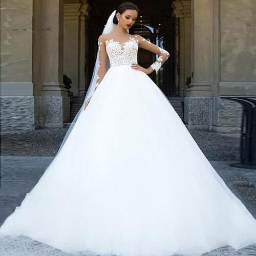A55 Skin Tulle Full Sleeves Lace A Line Wedding Dress Court Train Bridal Gown White Robe De Mariee Plus Size Vestidos De Novias