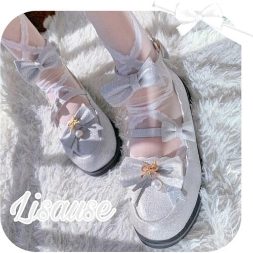 Kawaii girl sweet lolita shoes pearl lace bowknot princess kawaii shoes round head flat heel women shoes loli cosplay cos