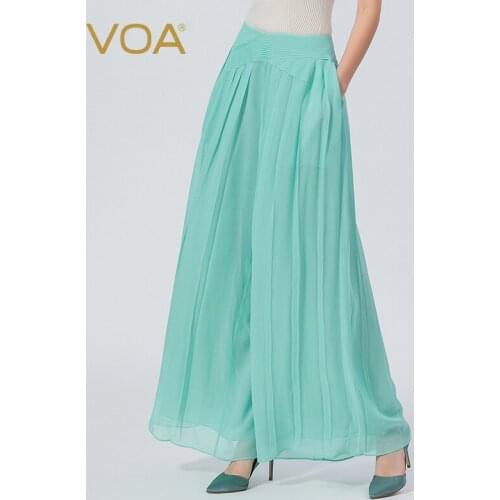 VOA Silk Georgette Green Natural Waist Double Layer Literary Lady Invisible Side Stretch Wide-leg Trousers Female Pants KE586