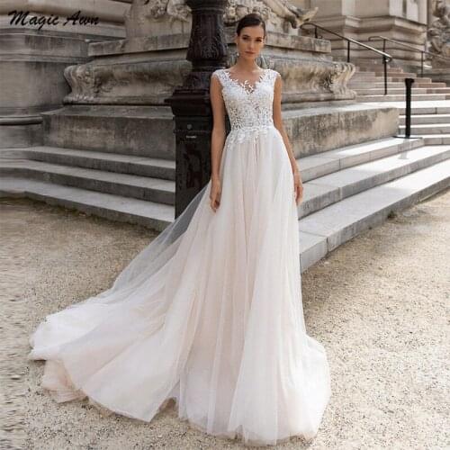 Magic Awn Light Champagne Lace Tulle Wedding Dresses Boho Illusion A-Line Beach Elegant Wedding Party Dress Robes Mariee 2021