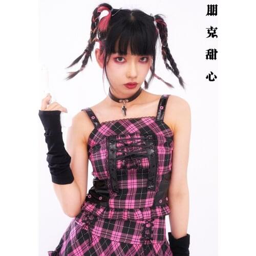 Japanese Harajuku Punk Pink Red Plaid Skirt Gothic Y2K Sweet Hot Girls Kawaii Mini Cake Skirt