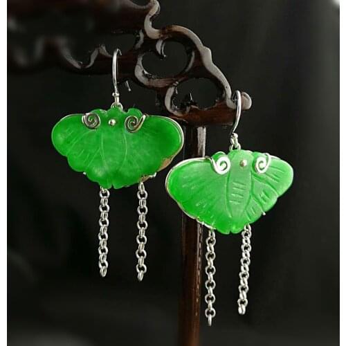 2019 Original Vintage Jasper Butterfly Tassels Drop Earrings For Women Real 925 Sterling Silver Elegant Fine Jewelry