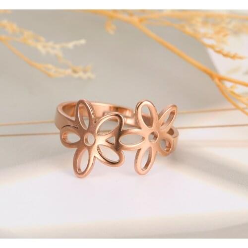 COOLTIME Double Flowers Ring Women Gold Color Stainless Steel Finger Rings Gift for Girlfriend Cherry Blossoms Fine Jewelry