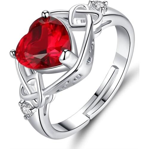 2019 new pomegranate red heart shape zirconia rings open mouth resizable copper material silver color rings for women