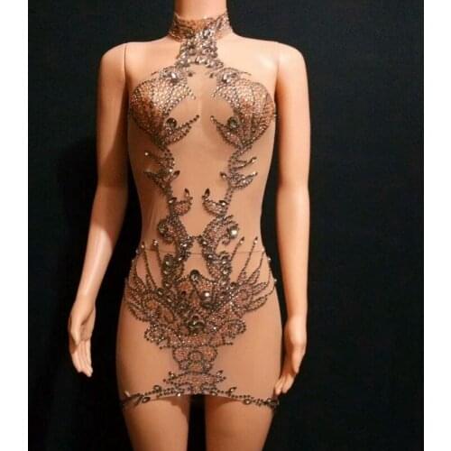 New Sparkly Rhinestones Sleeveless Dress Women Prom Evening Birthday Party Crystals Dress Sexy Mesh See Through Nightclub Outfit