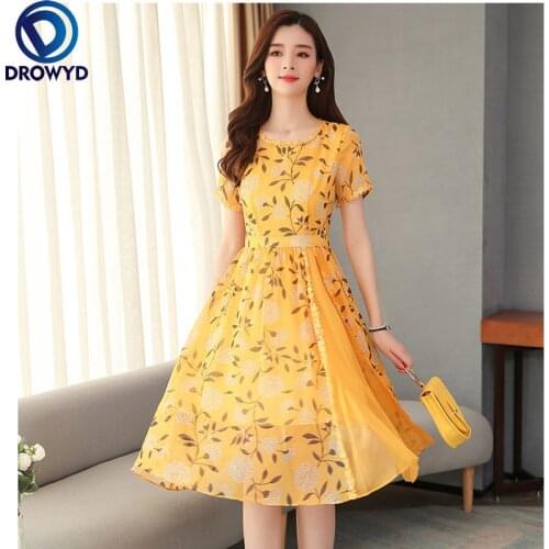 2021 Vintage Yellow Floral Chiffon Midi Dresses Spring Summer Plus Size Print Runway Dress Elegant Women Bodycon Party Vestidos