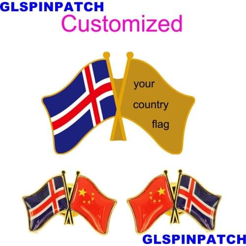 Iceland Crossed Friendship Flag Double Country lapel pin Brooch USA UK France Chile Russia Saudi Arabia Japan Spain Badge
