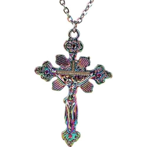 24001 Simple Classic Rainbow Color Alloy Christian Cross Jesus Crucifix flower Religious Necklace free Stainless Steel Chain