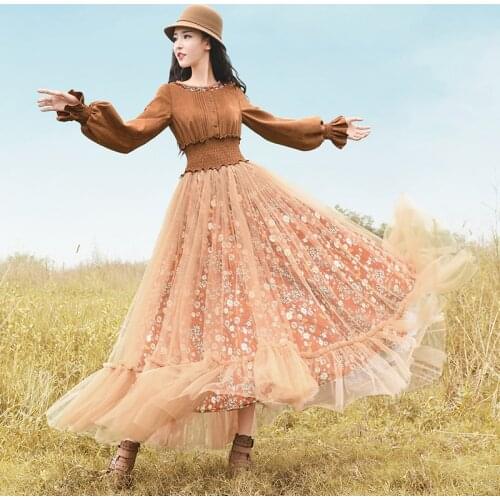 Free Shipping Boshow 2020 New Autumn Women Suede And Gauze Patchwork One-piece Long Maxi Print Flower Long Lantern Sleeve Dress