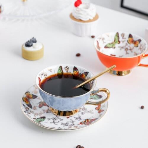 European style all metal handle bone china coffee cup plate ceramic coffee cup afternoon tea cup plate