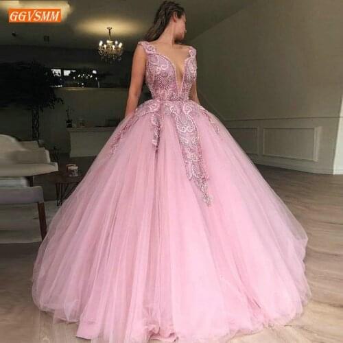Graceful Pink V Neck Evening Gowns Appliqued Beaded Tulle Ball Gown Evening Dresses Custom made Garden Castle Women Formal Dress