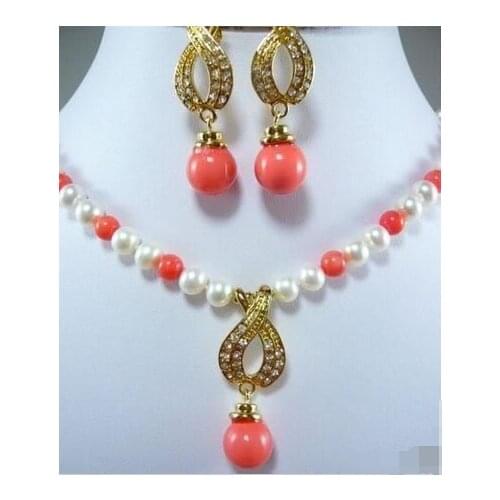 Wholesale good 07710 Pearl /Pink Coral Necklace Earring Set