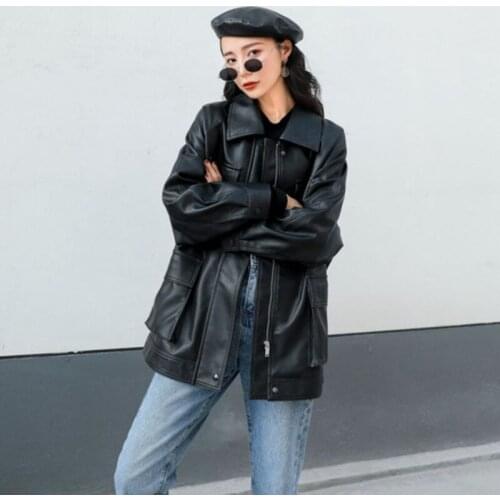 New Faux Leather Jackets For Women Spring Autumn Loose BF Mid-length Lapel Korean Zipper Belt Punk Jaquetas Feminina Deri Ceket