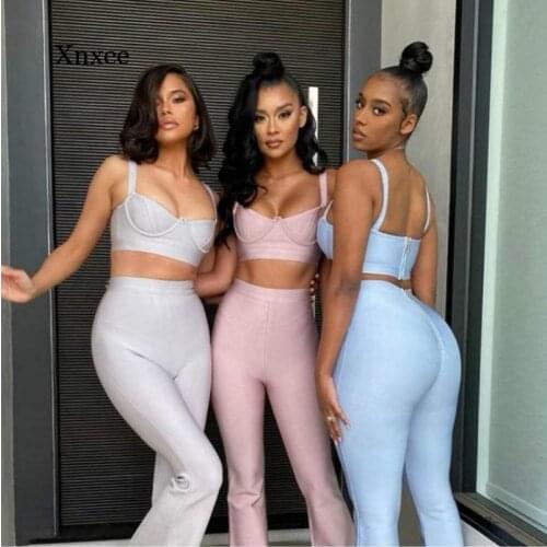 Summer Womens Fashion Blue Two-Piece Tight-Fitting Rayon Bandage Suit Evening Sexy Fashion Suit