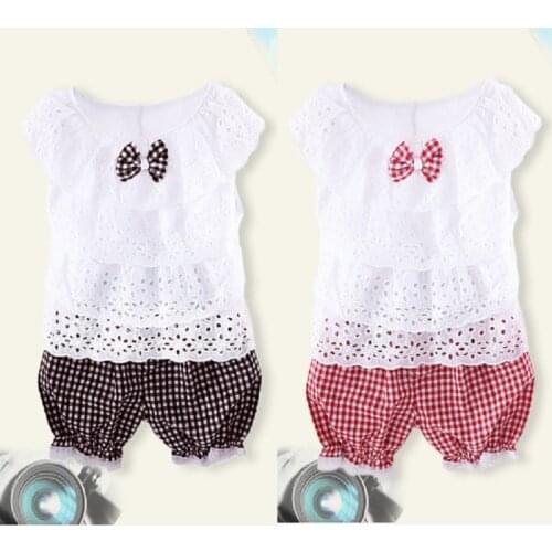 Girls Layers T-Shirts Grid Pants Summer Girls Clothes Jumpers 2016 Children Clothing Set Fashion Hollow Tees Shirts Shorts Brand