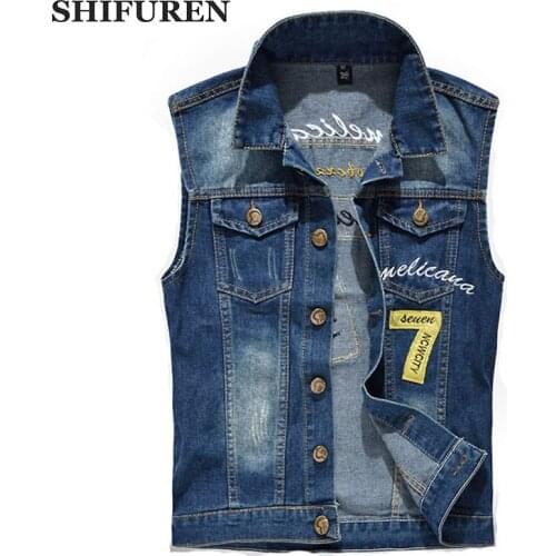 SHIFUREN AW17 New Men Jeans Waistcoat Single Breasted Fashion Patch Designs Cowboy Male Cotton Denim Vests Plus Size M-5XL