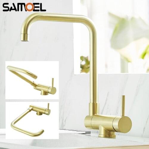 Newest Luxuious Stainless Steel Gold Brushed Kitchen Sink Faucet Mixer Deck Mount Foldable Rotating Hot Cold Water Tap G1132
