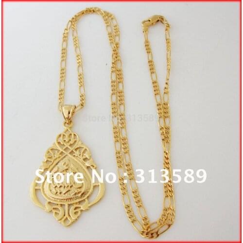 NEW YELLOW GOLD GP OVERLAY 24" FIGARO NECKLACE & MUSLIM ALLAH GOD PENDANT Great Money Maker