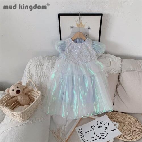 Mudkingdom Girls Princess Dress Mermaid Sequin Puff Sleeve Mesh Ball Gown Party Dresses for Little Girl Summer Luxury Clothes
