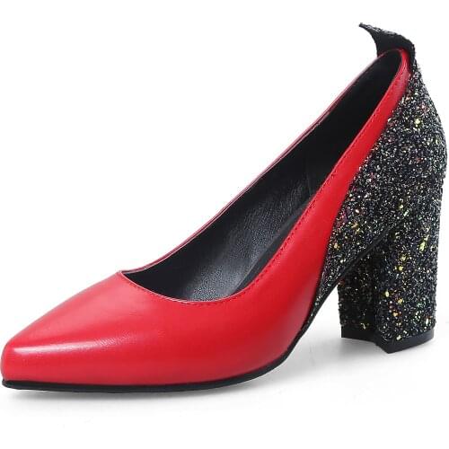 Early spring 2018 fashion sequins female thick with high with point light mouth 48 wedding shoe size code 33-18314