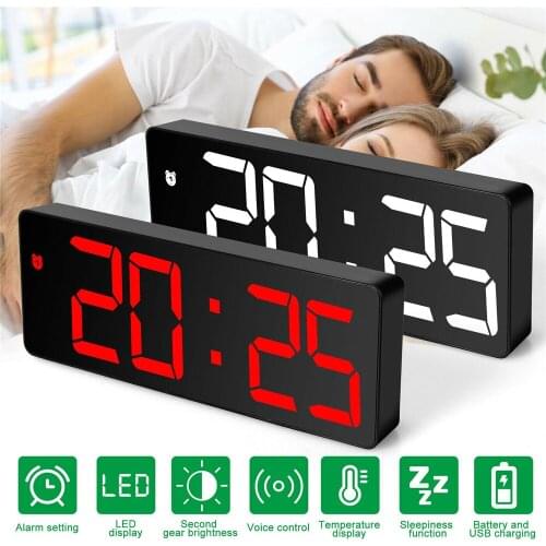 Led Alarm Clock Digital Clock Voice Control Snooze Time Temperature Display Night Mode Electronic Desktop Clocks Usb Work