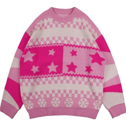 Fall Winter Loose Womens Sweater O-Neck Star Pullover Knitting Sweaters Long Sleeve with Split Vintage Casual Harajuku Jumper