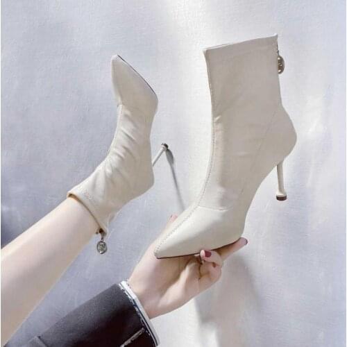 Short Botas Womens High-quality Solid Color Pu Chelsea Boots Stretch Socks Mid-calf Bota High Heels Zapatos Mujer