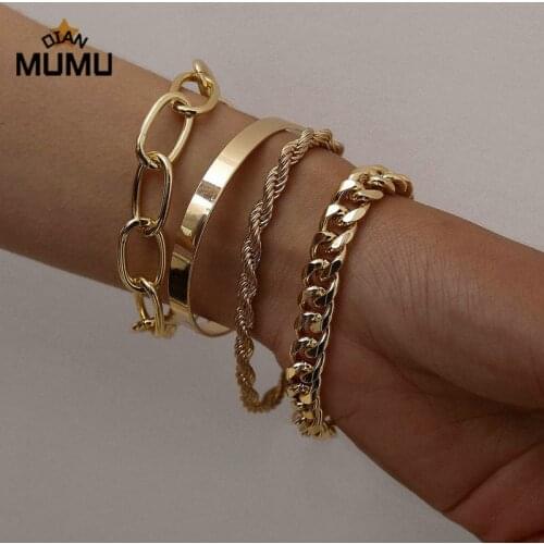 2021New 4PCS Multilayer Gold Color Chain Bracelets & Bangles for Women Punk Curb Cuban Chain Chunky Bracelet Boho Jewelry Gift