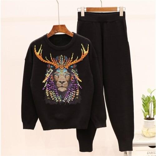 Autumn Women Sweater Set O Neck Tiger Beads Sequined Knitting Sweater and Long Pants Set Outfits Casual 2 Pieces Tracksuit