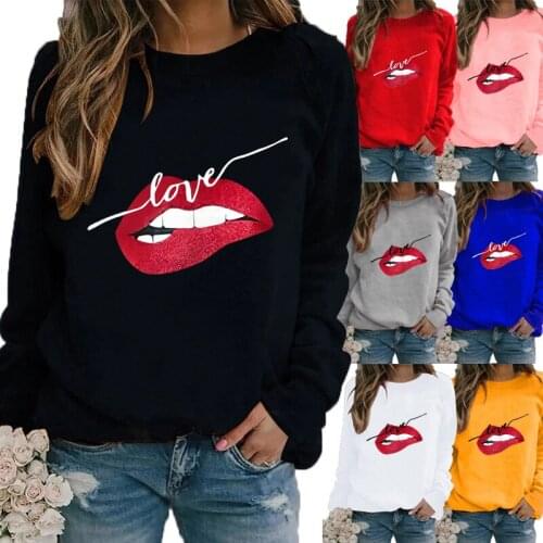 Autumn and Winter Women Long Sleeved Casual Round Neck Lips Printed Loose Sweatshirt Tops & Blouses Plus Size T-shirts