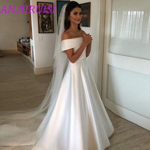 ANJURUISI Simple Belt A Line Wedding Dresses 2020 Satin Off The Shoulder Wedding Bridal Gowns Sweep Train Zipper With Buttons